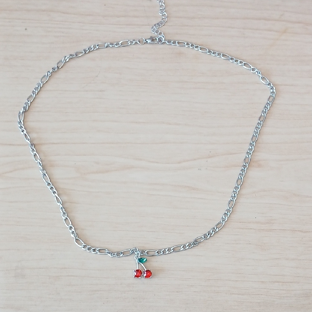 Silver Toned Chain Adjustable Necklace with Cherry Pendant